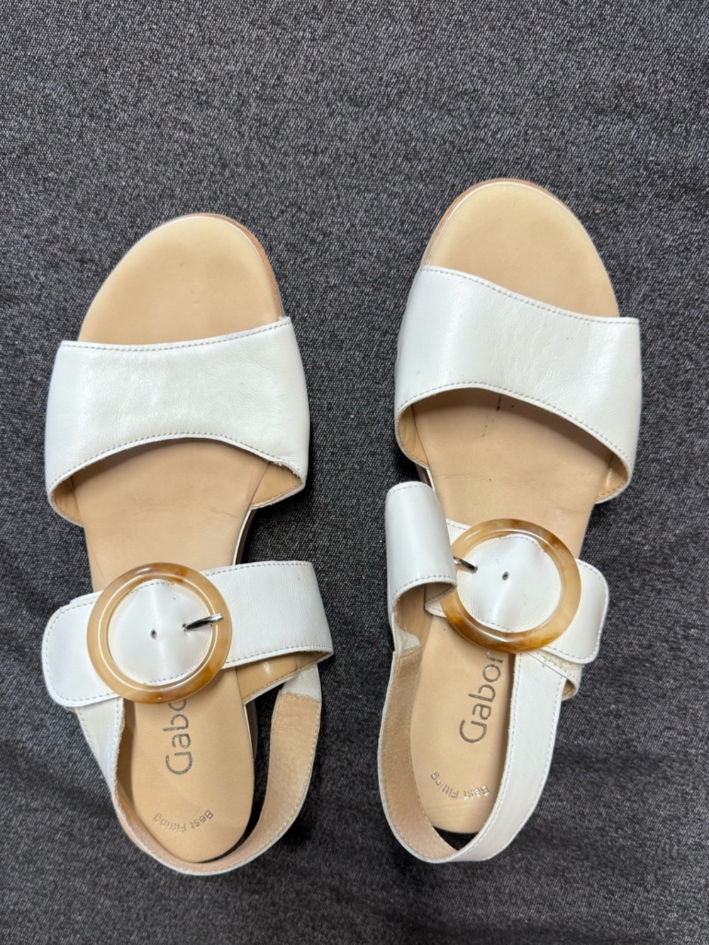Gabor White Leather Slide Sandals with Tortoiseshell Buckle. Euro7.5/US 10